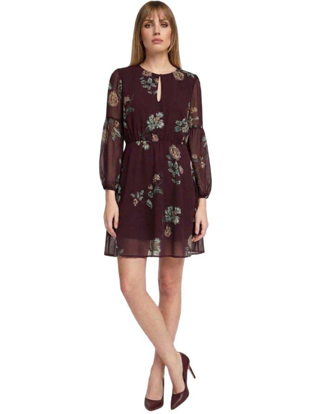 BB Dakota Boysenberry Dress La Vie En Rose Floral Print Keyhole front Versatile
